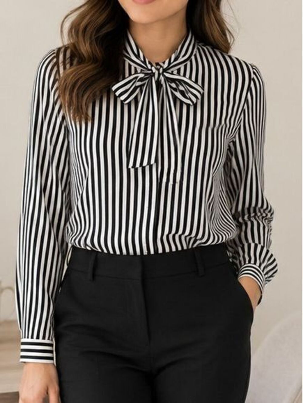 Ann Taylor Petite LP Black Ivory Striped Tie Neck Bow Blouse Long Sleeve Top LP
